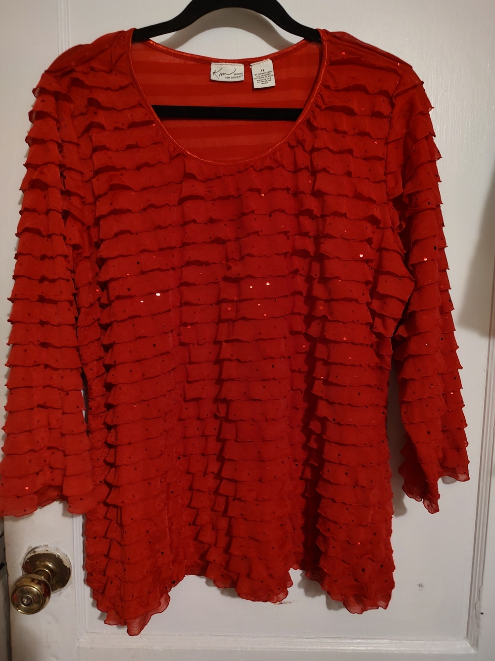 Kim Rogers Red Ruffle Sequin Top